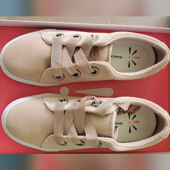 Isaac Mizrahi Live Pink and White Sneakers. Sleek Suede With Crystal Accents - Picture 1 of 6